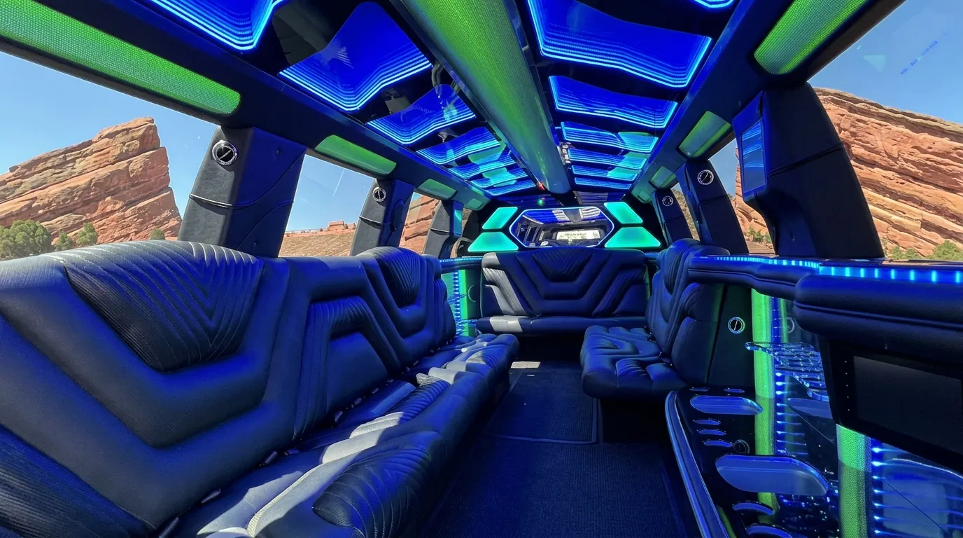 Inside the Chevy Suburban limo in Woody Creek Colorado: LED light-show ceiling, leather lounge seating and lit bar