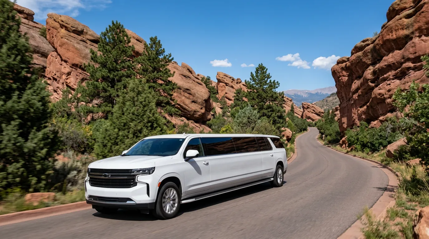 Woody Creek Colorado white Chevy Suburban 20 passenger stretch limo