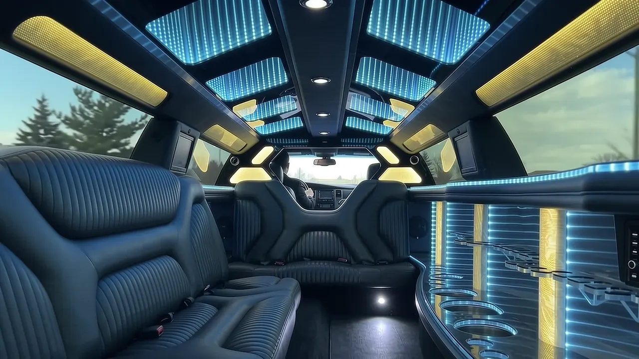 Inside the Dodge Charger limo in Woody Creek Colorado: LED light-show ceiling, leather lounge seating and lit bar