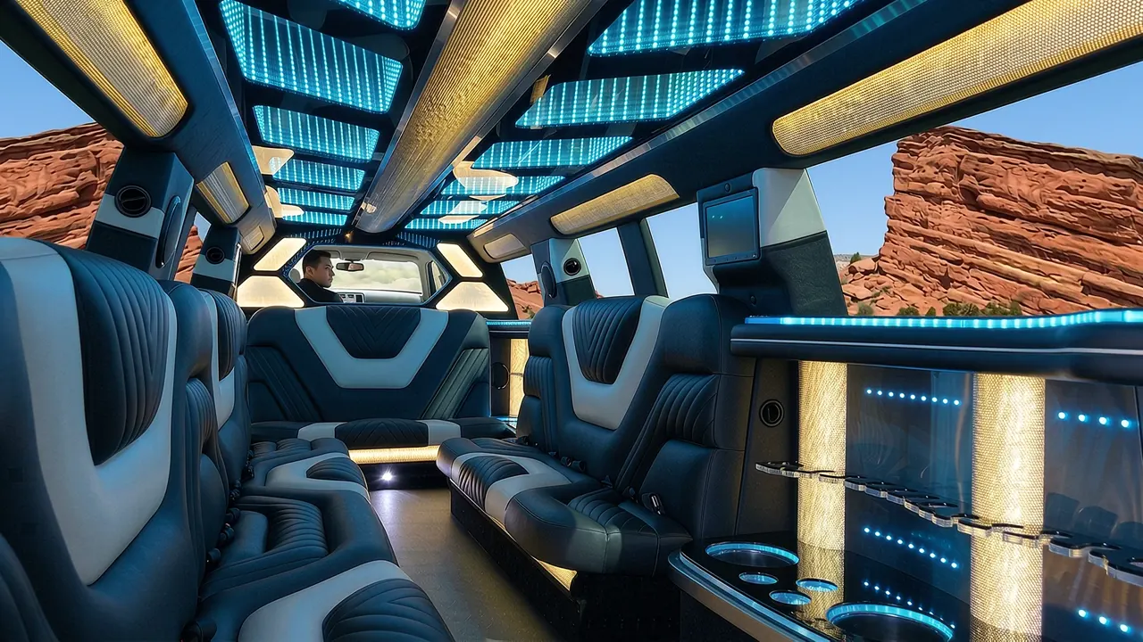 Inside the Mercedes GLS limo in Woody Creek Colorado: LED light-show ceiling, leather lounge seating and lit bar